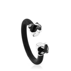 Black IP Steel Mesh Color open Ring with Onyx