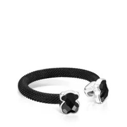 Black IP Steel Mesh Color open Ring with Onyx