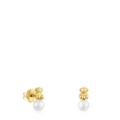 Bold Bear gold Earrings with cultured pearl and bear charm