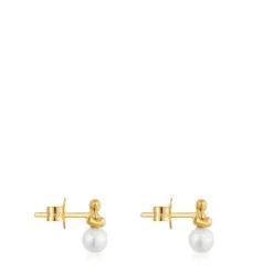 Bold Bear gold Earrings with cultured pearl and bear charm