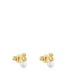 Bold Bear gold Earrings with cultured pearl and bear charm
