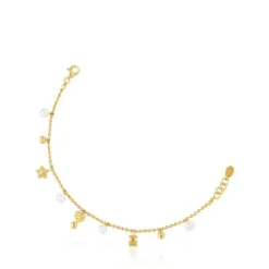 Chain Bracelet with 18kt gold plating over silver and cultured pearls and motifs TOUS Grain