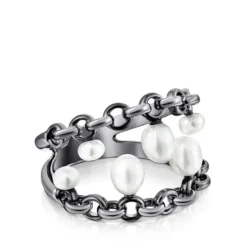 Dark silver Virtual Garden Ring with cultured pearls