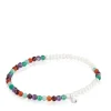 Elastic Bold Motif Bracelet with gemstones, cultured pearls and a silver bear motif