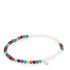 Elastic Bold Motif Bracelet with gemstones, cultured pearls and a silver bear motif