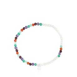 Elastic Bold Motif Bracelet with gemstones, cultured pearls and a silver bear motif