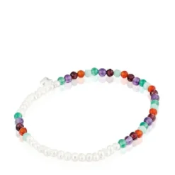 Elastic Bold Motif Bracelet with gemstones, cultured pearls and a silver bear motif