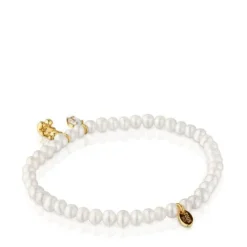 Elastic Bracelet with gold plating over silver, cultured pearl and topaz Bold Bear