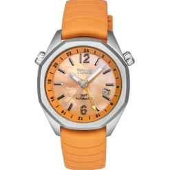 gmt automatic Watch with salmon-colored silicone strap, steel case and mother-of-pearl face TOUS Now