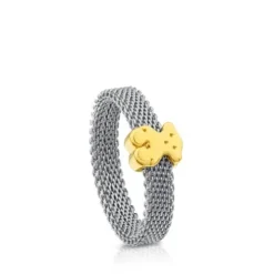 Gold and Steel Icon Mesh Ring