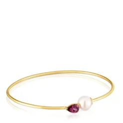 Gold Bangle with rhodolite and cultured pearl Ivette