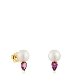 Gold Earrings with rhodolites and cultured pearl Ivette