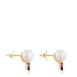 Gold Earrings with rhodolites and cultured pearl Ivette