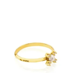 Gold Eklat Ring with four Diamonds and Pearl