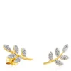 Gold Gem Power Earrings with Diamonds Leaf motif