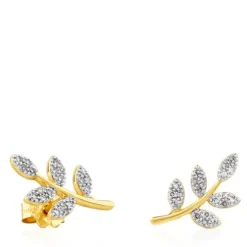 Gold Gem Power Earrings with Diamonds Leaf motif
