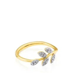 Gold Gem Power Ring with Diamonds Leaf motif
