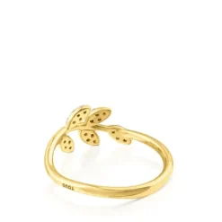 Gold Gem Power Ring with Diamonds Leaf motif