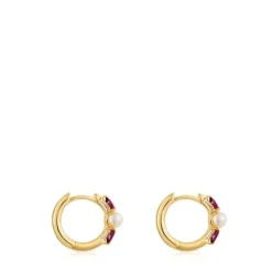 Gold Hoop earrings with rhodolites and cultured pearl Ivette