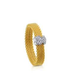 Gold Icon Mesh Ring with Diamonds little Bear motif