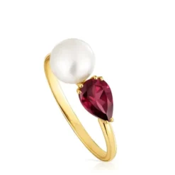 Gold Ring with rhodolite and cultured pearl Ivette