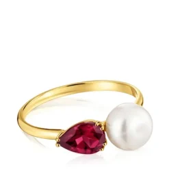 Gold Ring with rhodolite and cultured pearl Ivette