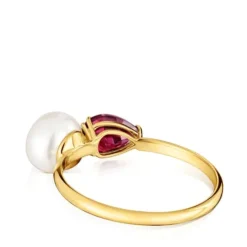 Gold Ring with rhodolite and cultured pearl Ivette