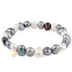 Gold Sweet Dolls Bracelet with white, grey and blue baroque pearls and Bear motif
