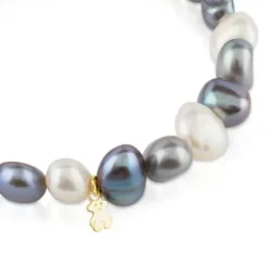 Gold Sweet Dolls Bracelet with white, grey and blue baroque pearls and Bear motif