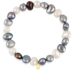 Gold Sweet Dolls Bracelet with white, grey and blue baroque pearls and Bear motif