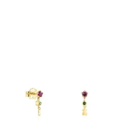 Gold TOUS Cool Joy Earrings with rhodolite, chrome diopside and bear motif
