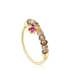 Gold TOUS Cool Joy Ring with smoky quartz and rhodolite
