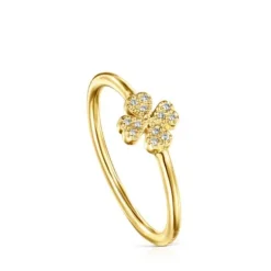 Gold TOUS Good Vibes Ring with Diamonds clover motif