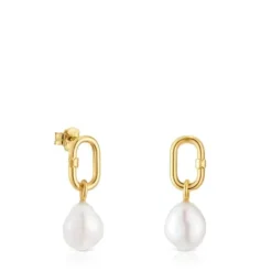 Hold Oval short gold Earrings with cultured pearls