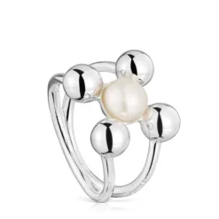 Large silver and cultured pearl motifs Ring Sugar Party