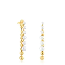 Long double Earrings with 18kt gold plating over silver and cultured pearls Gloss