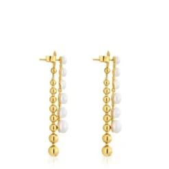 Long double Earrings with 18kt gold plating over silver and cultured pearls Gloss