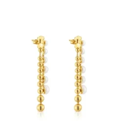 Long double Earrings with 18kt gold plating over silver and cultured pearls Gloss