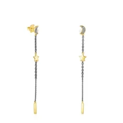 Long Nocturne Earrings in Silver Vermeil and Dark Silver with Diamonds and Pearl