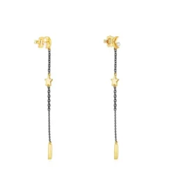 Long Nocturne Earrings in Silver Vermeil and Dark Silver with Diamonds and Pearl
