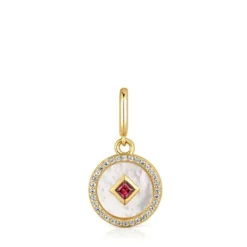 Medallion Pendant with 18kt gold plating over silver, nacre and gemstones Medallions