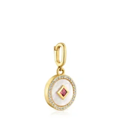 Medallion Pendant with 18kt gold plating over silver, nacre and gemstones Medallions