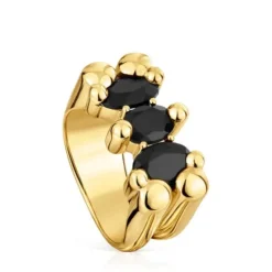 Medium 18kt gold plating over silver and onyx bear motif Ring Color Bear