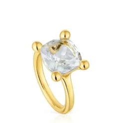 Medium 18kt gold plating over silver and rock crystal quartz Ring Color White