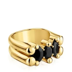 Medium 18kt gold plating over silver and onyx bear motif Ring Color Bear