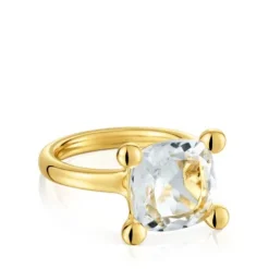 Medium 18kt gold plating over silver and rock crystal quartz Ring Color White
