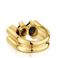Medium 18kt gold plating over silver and onyx bear motif Ring Color Bear