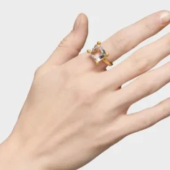Medium 18kt gold plating over silver and rock crystal quartz Ring Color White