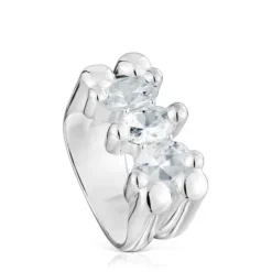Medium silver and rock crystal quartz bear motif Ring Color Bear