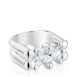 Medium silver and rock crystal quartz bear motif Ring Color Bear